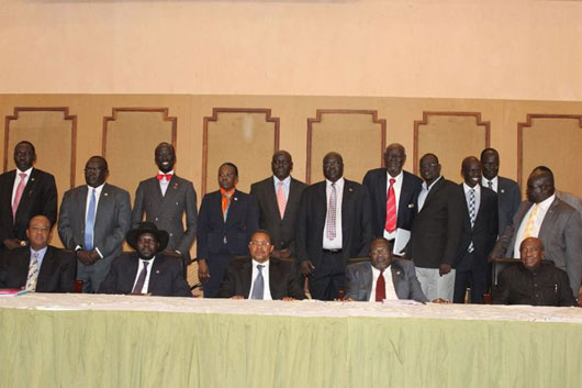Members of the Sudan People's Liberation Movement in a photo session during their talks in Arusha, Tanzania. President Salva Kiir and his main rival Riek Machar participated in the talks expected to bridge the differences in the party.